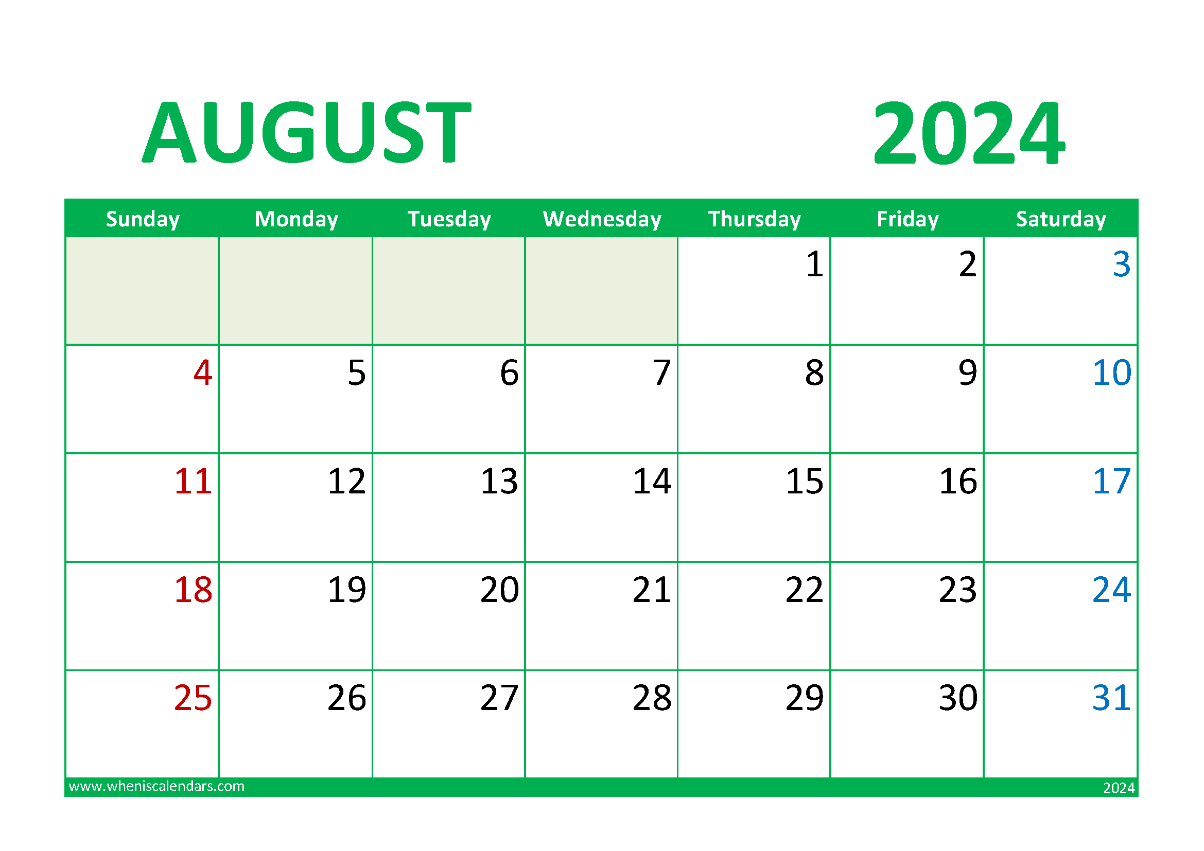 August 2024 Calendar Free Printable Monthly Calendar