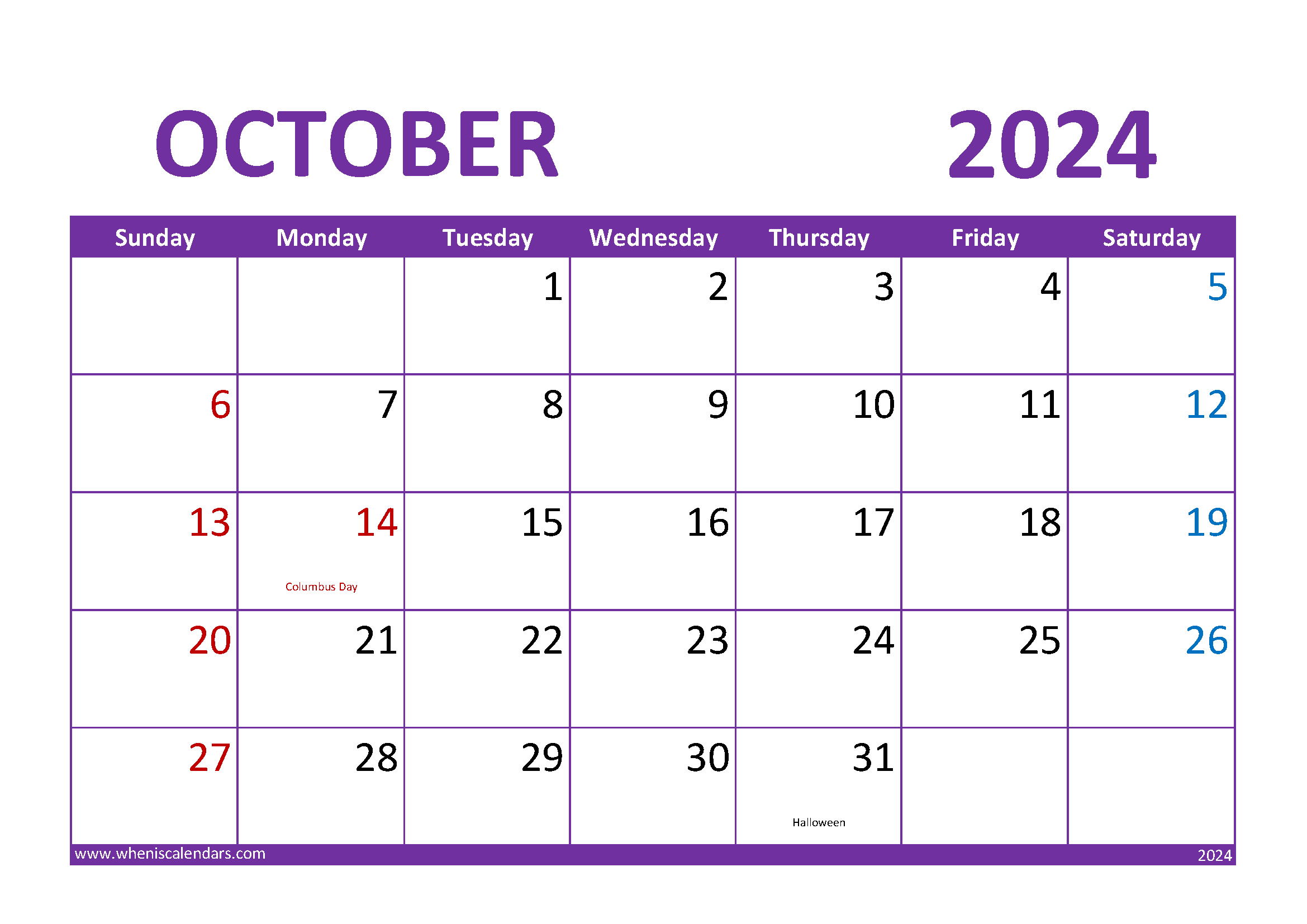  October 2024 Blank Calendar Monthly Calendar