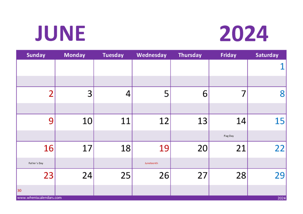 Download Blank Calendars June 2024 A4 Horizontal J64302