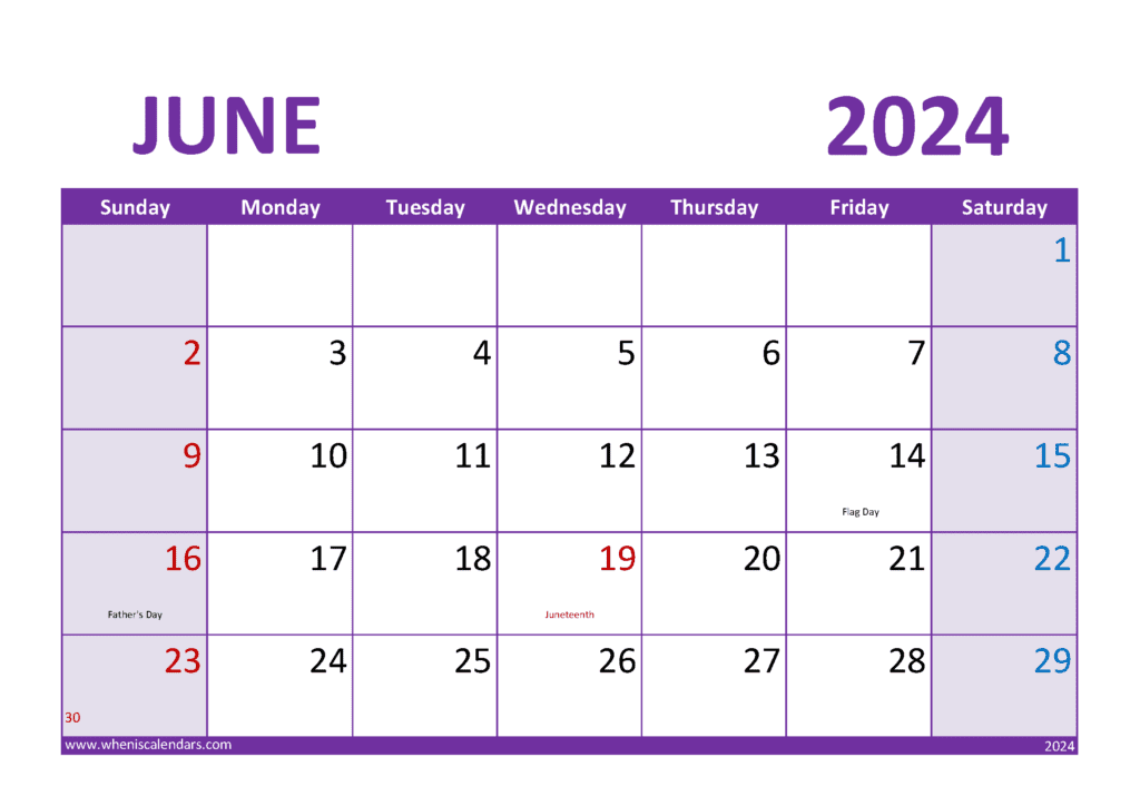 Download 2024 Blank monthly Calendar June A4 Horizontal J64304