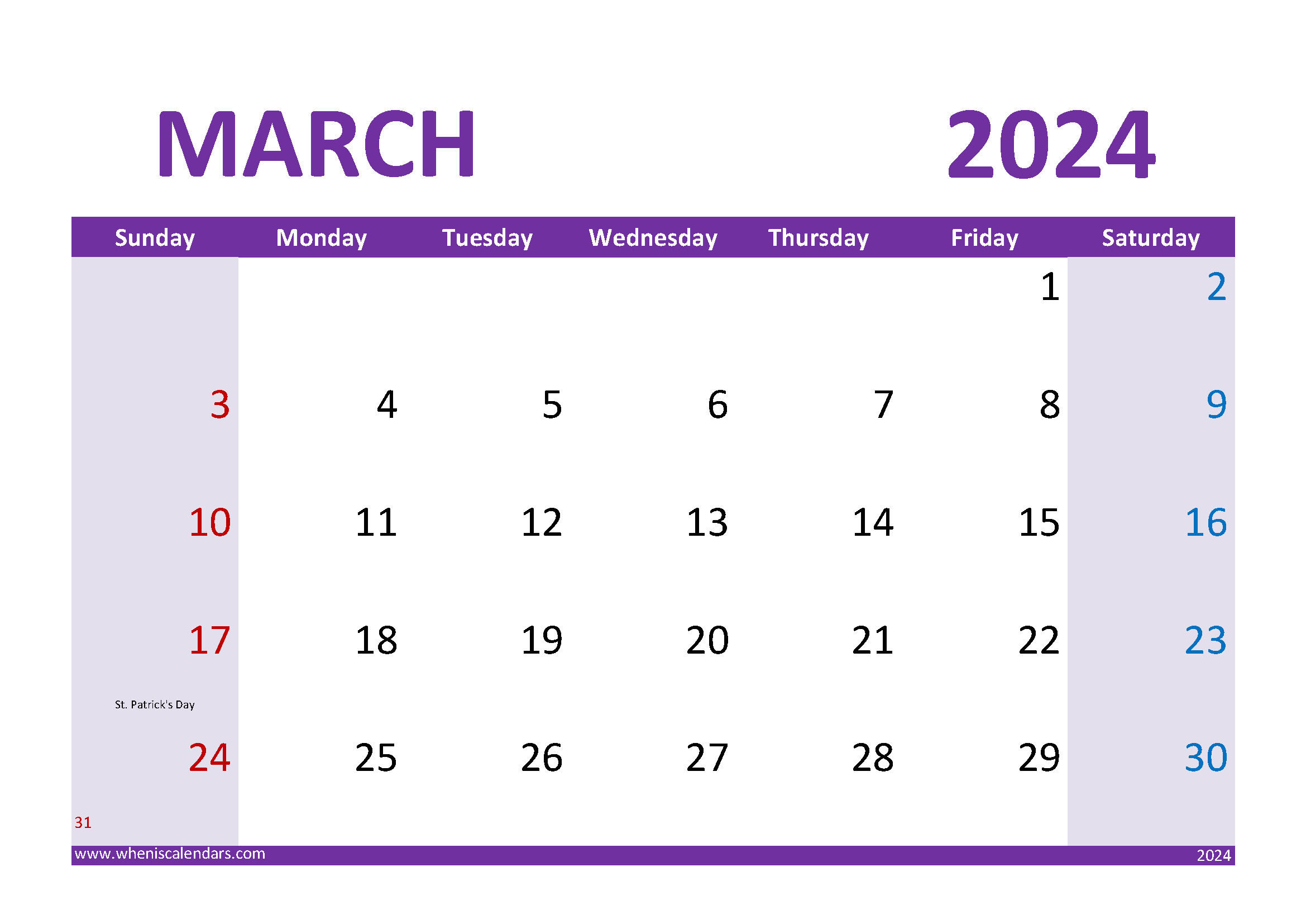 March 2024 Calendar Cute Printable M34305
