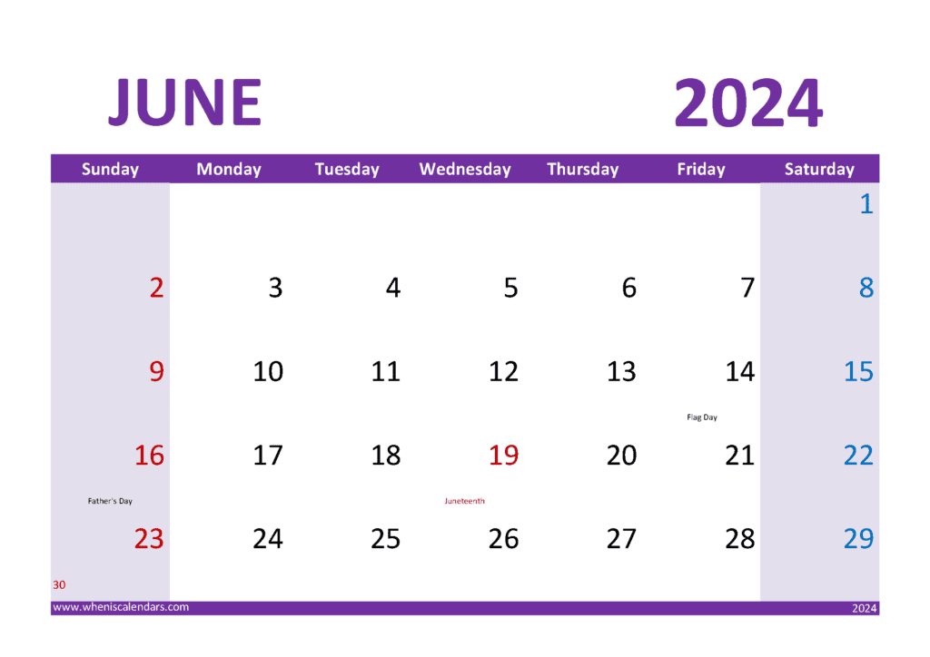 Download June 2024 Calendar cute Printable A4 Horizontal J64305