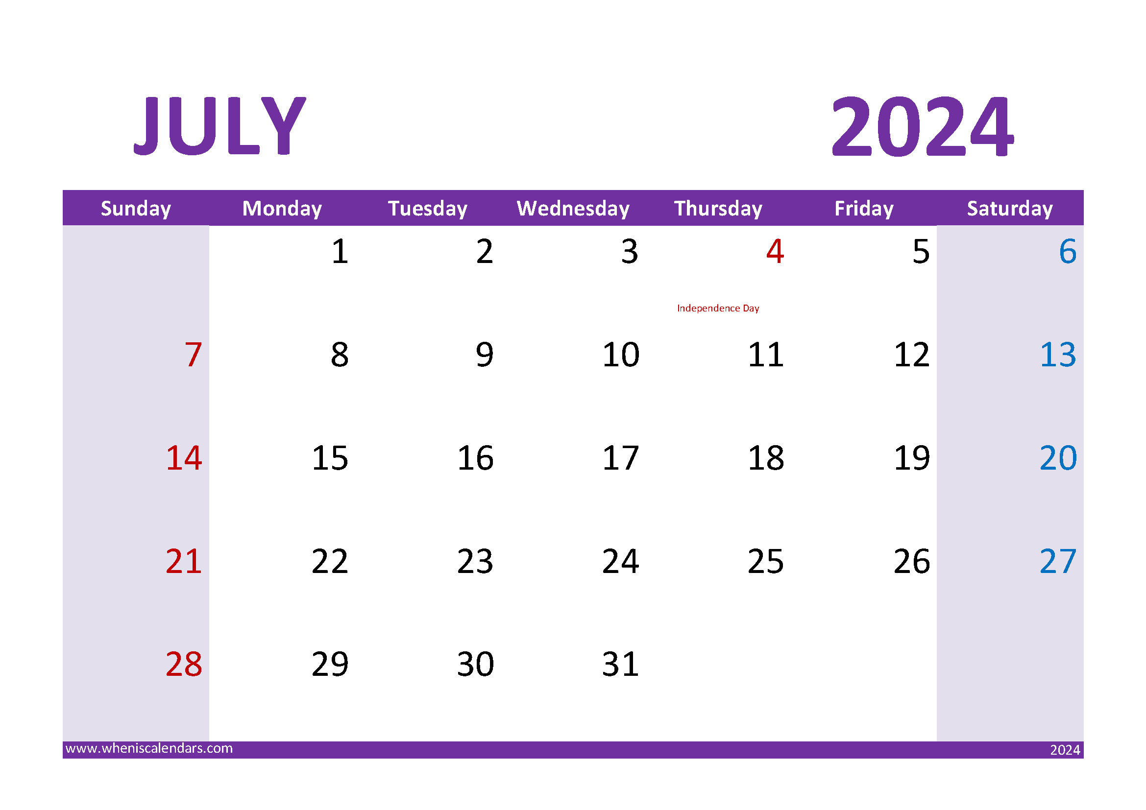 Print July 2024 Calendar Monthly Calendar