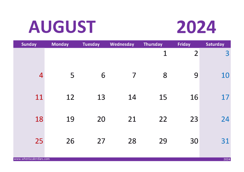August 2024 Calendar cute Printable A84305