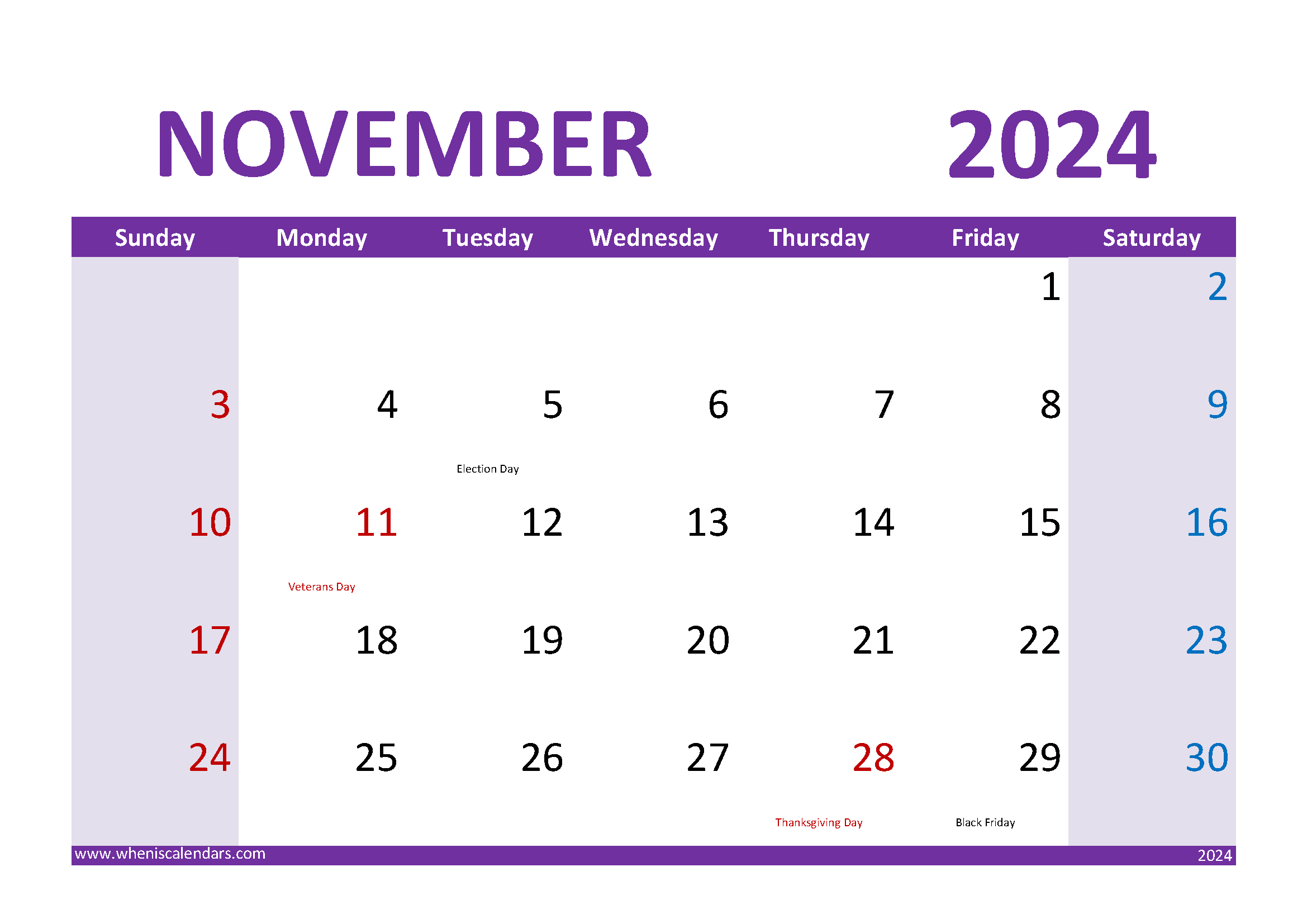 November Calendar 2024 With Holidays Monthly Calendar