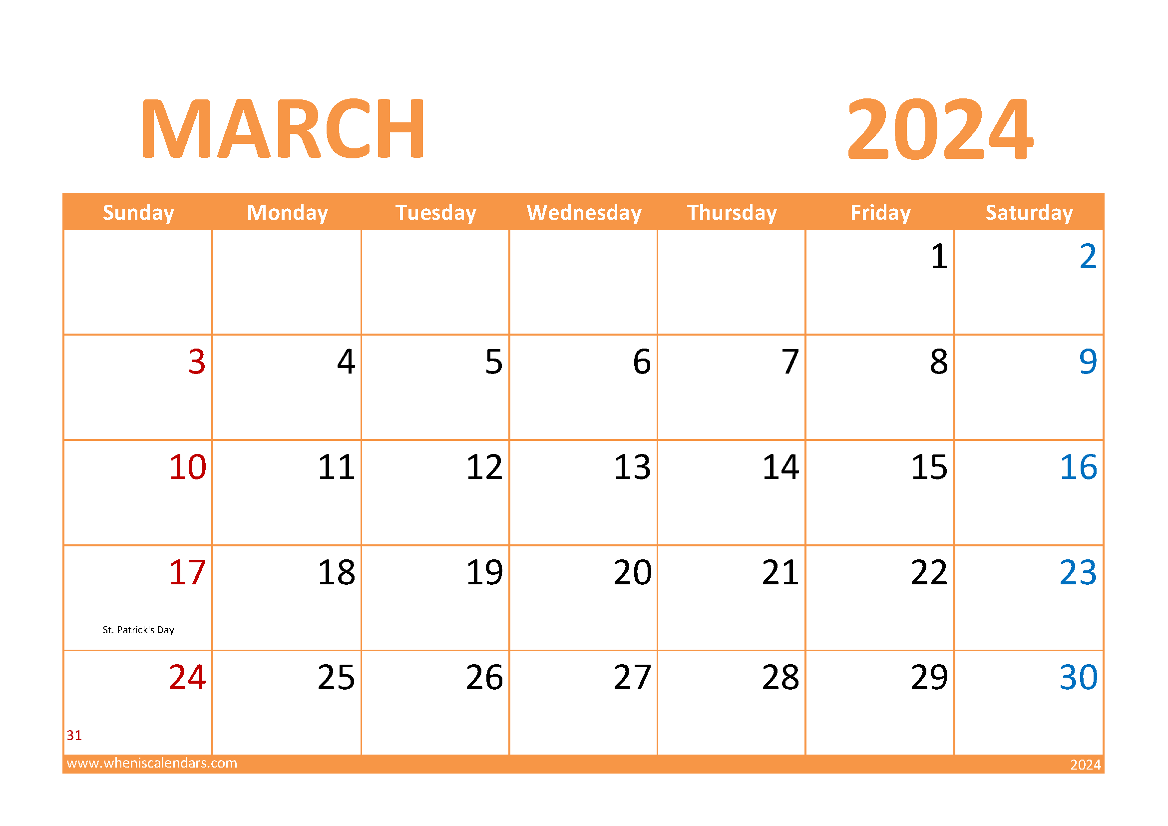 Printable March Calendar 2024 Monthly Calendar