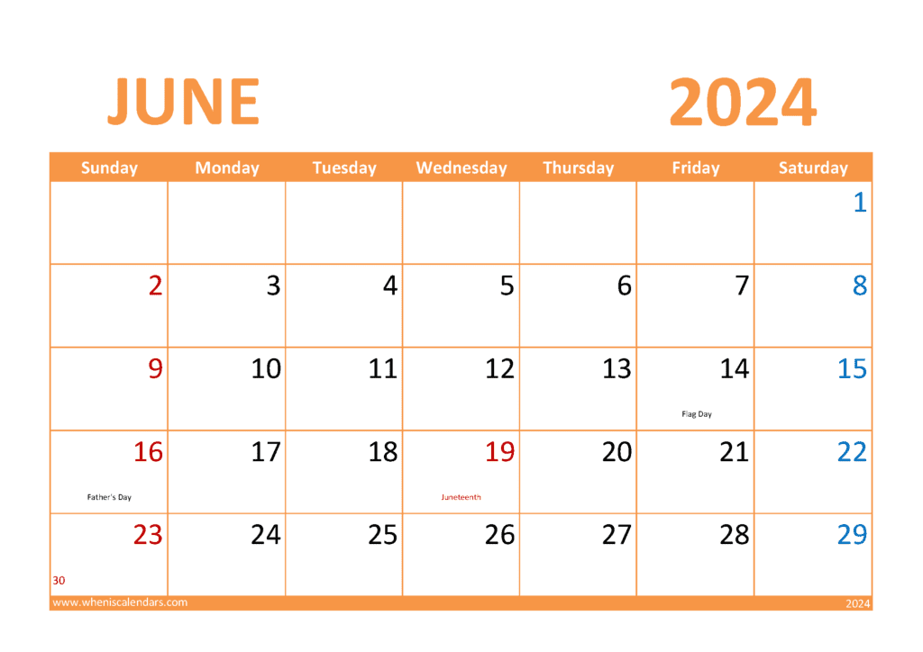 Download June 2024 Printable Calendar page A4 Horizontal J64306