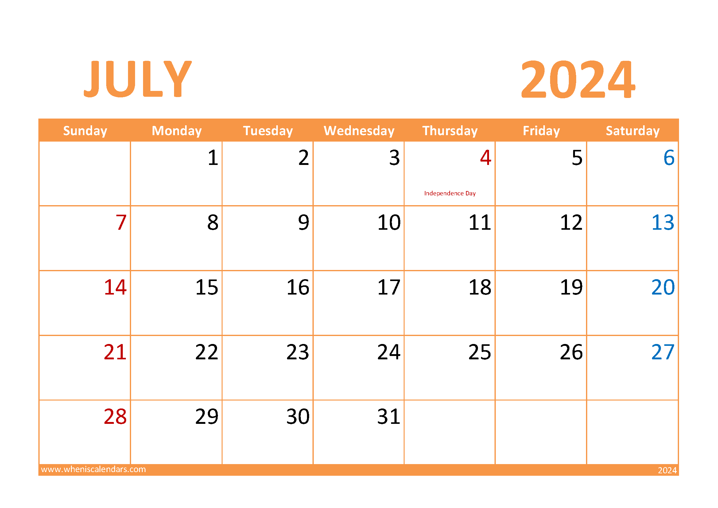 Printable July Calendar 2024 Monthly Calendar