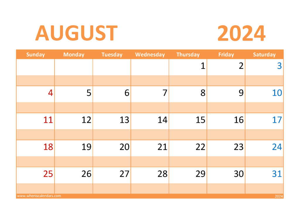 Download free August Calendar 2024 with Holidays printable A4 in horizontal landscape