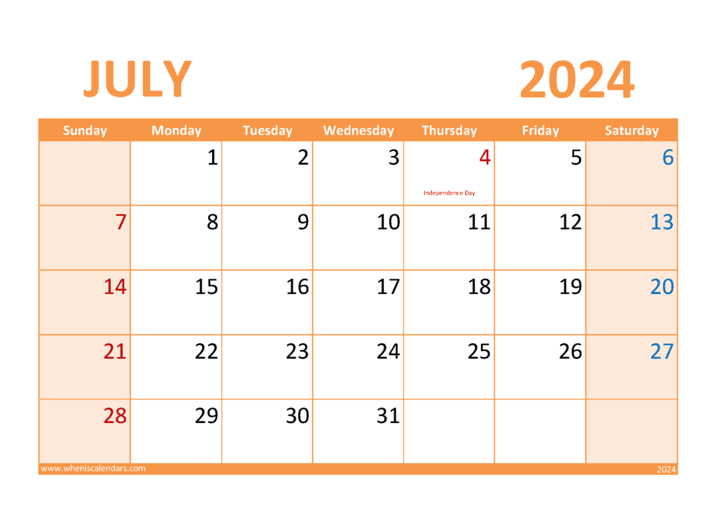 month Calendar Printable July 2024 J74309