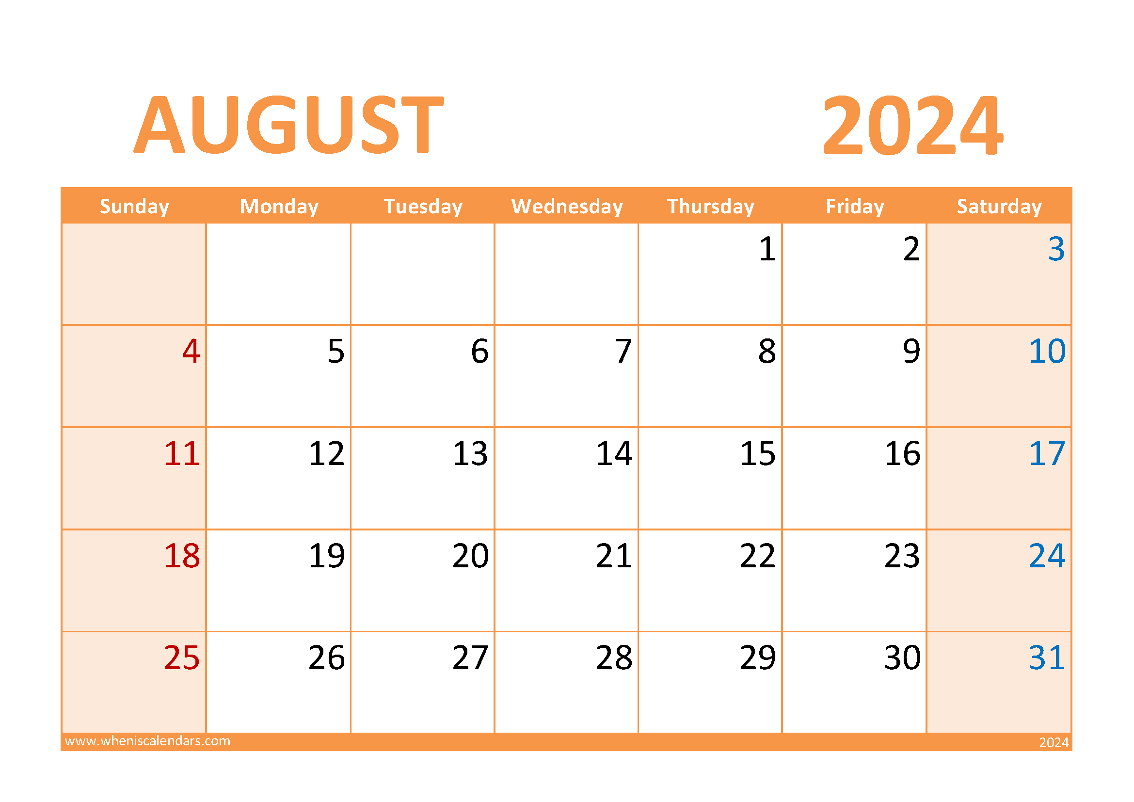 Print August 2024 Calendar Monthly Calendar