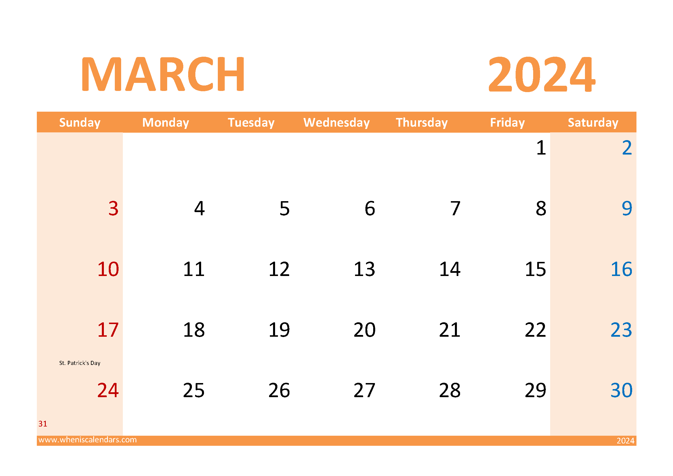 Free 2024 March Calendar Printable M34310