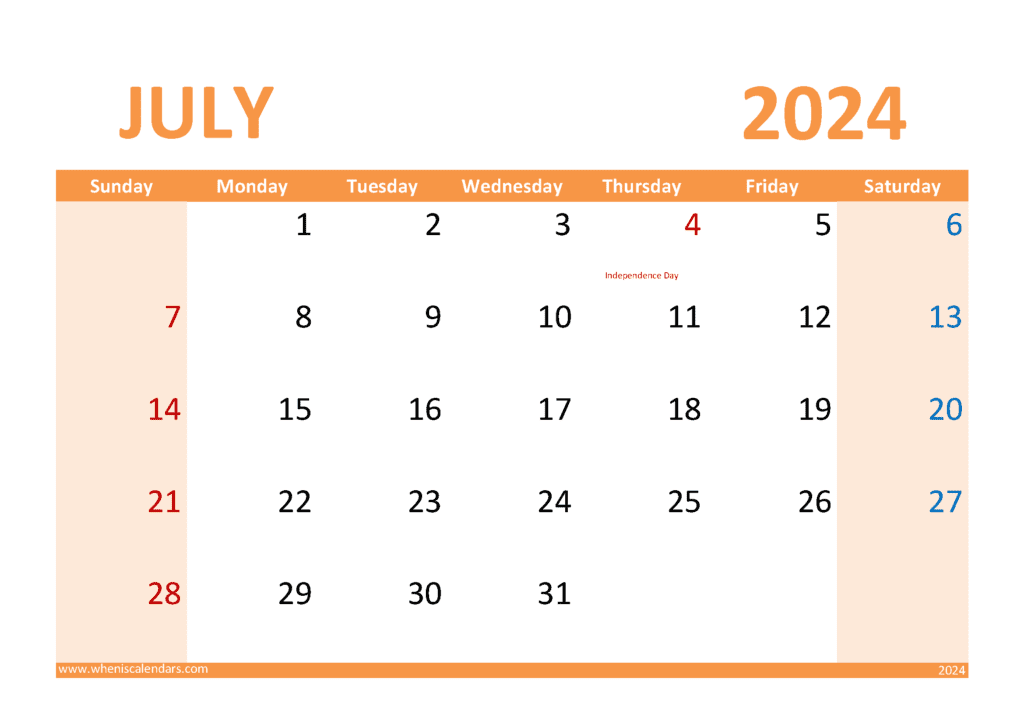 Free 2024 July Calendar Printable J74310