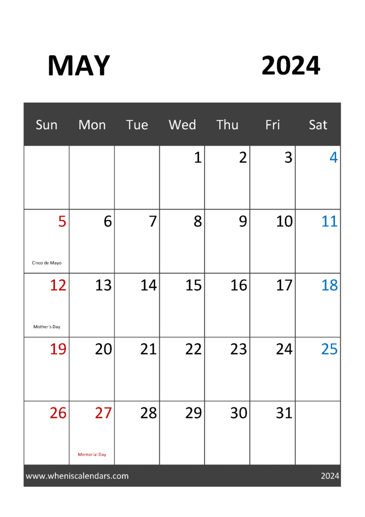 May 2024 Holiday Calendar Monthly Calendar