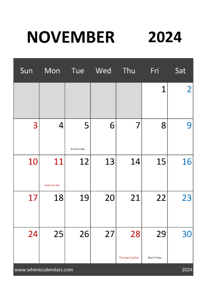 Printable Month November 2024 Monthly Calendar