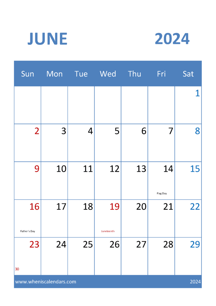 Download June 2024 Calendar Blank Printable A4 Vertical J64314