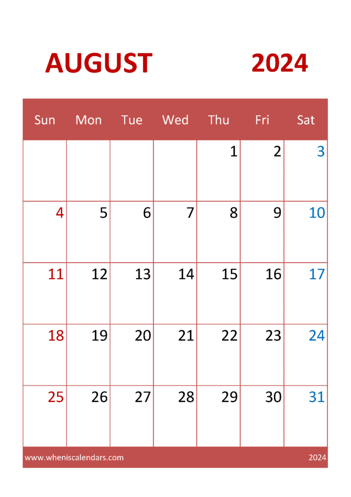 Download Free Blank Calendar August 2024 A4 Vertical A84321