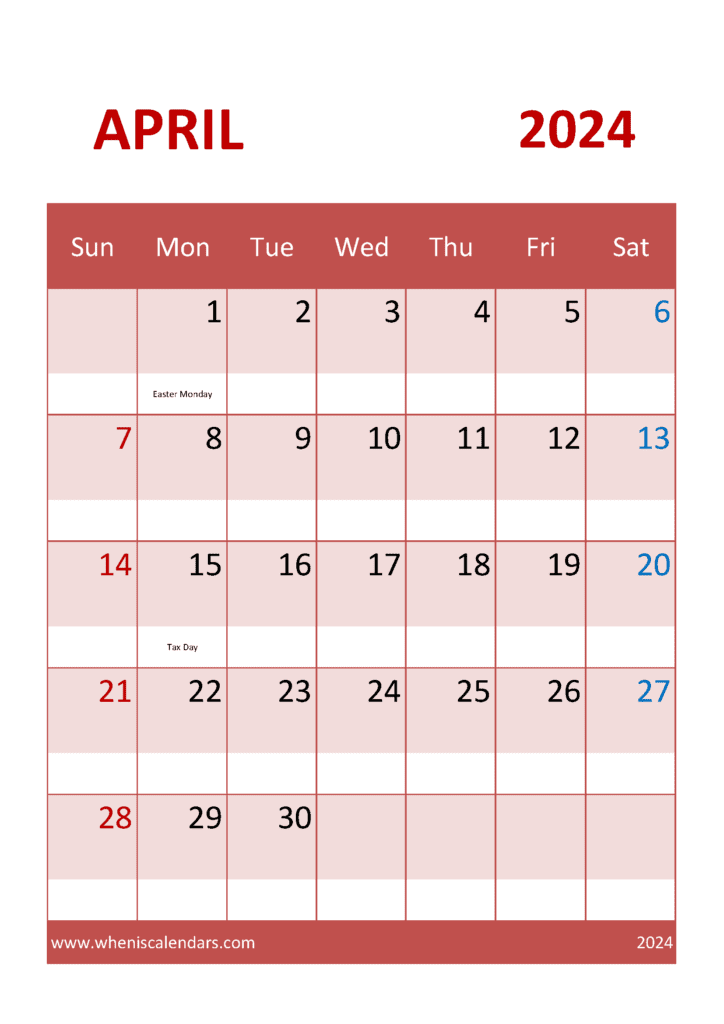 April 2024 Calendar A4 Printable A44322