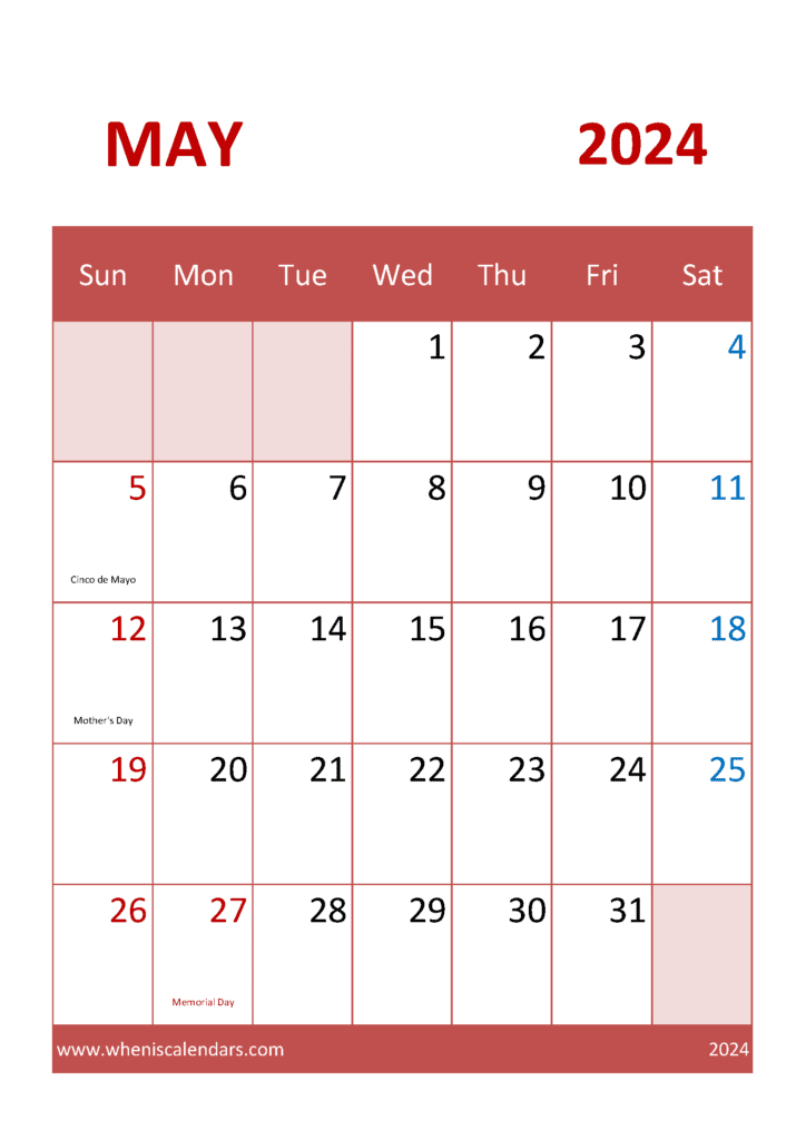 May 2024 Calendar A4 Printable Monthly Calendar