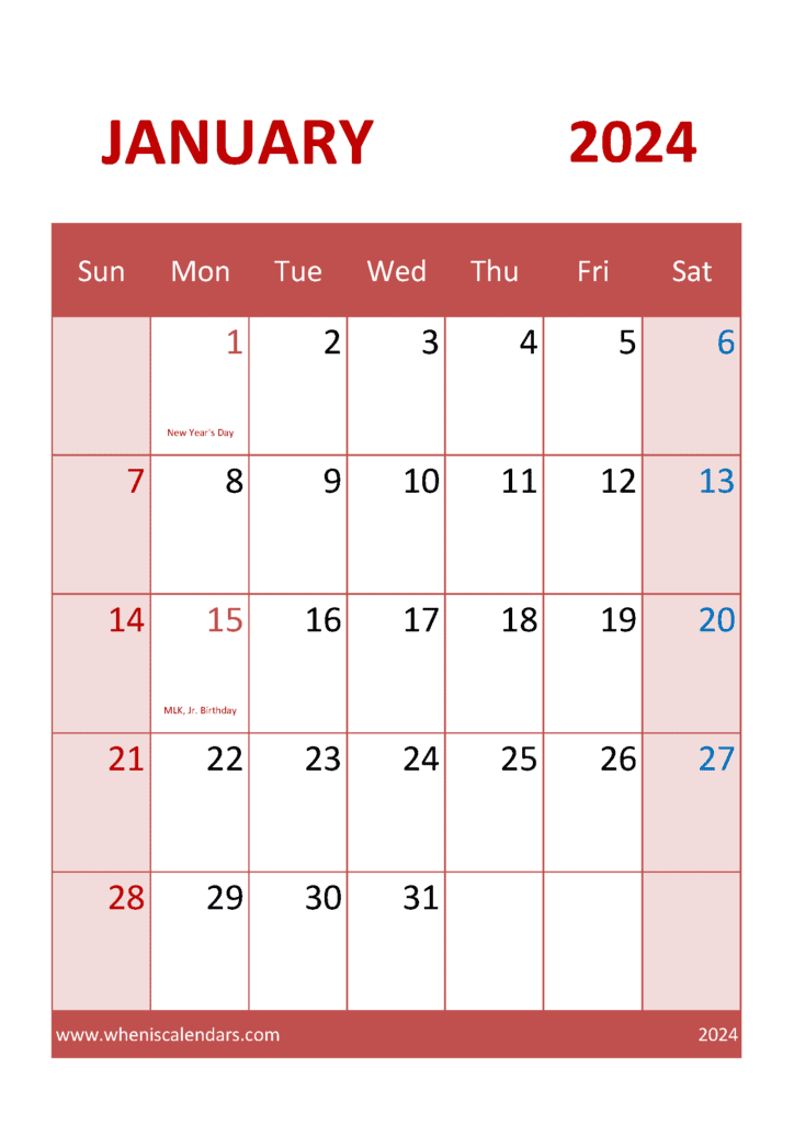 Free Calendar January 2024 Monthly Calendar
