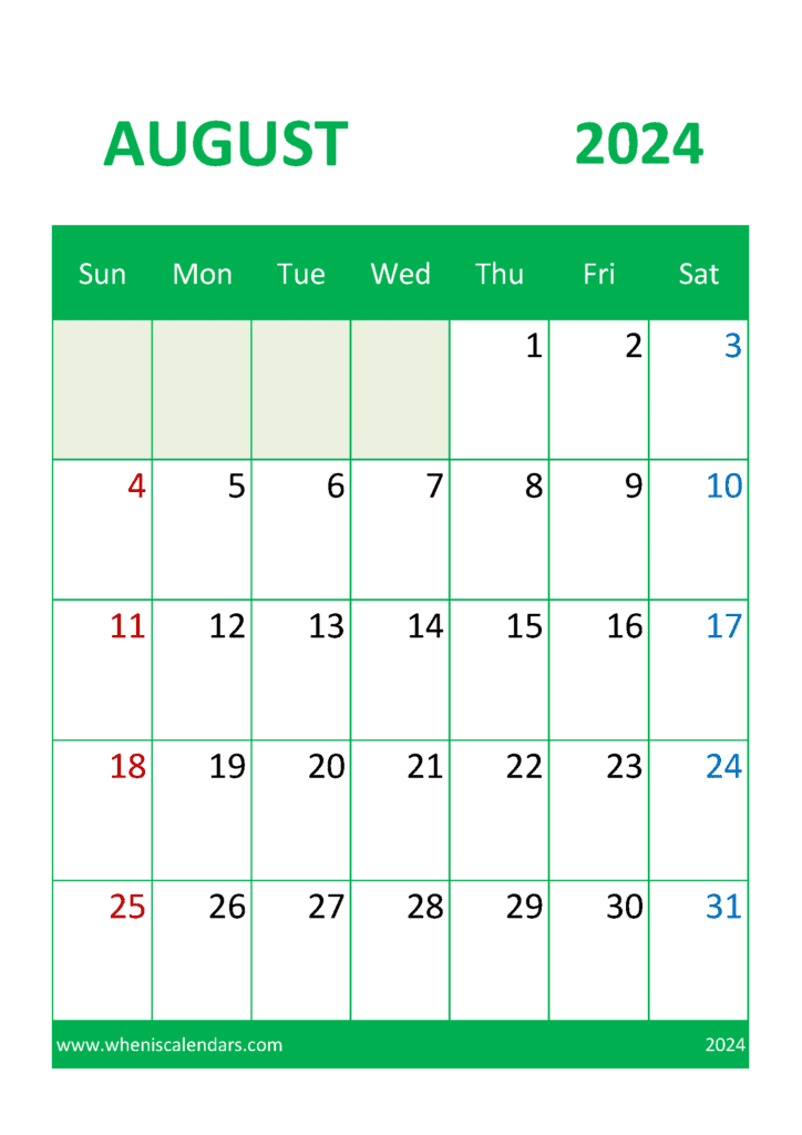 August Calendar Printable 2024 A84048