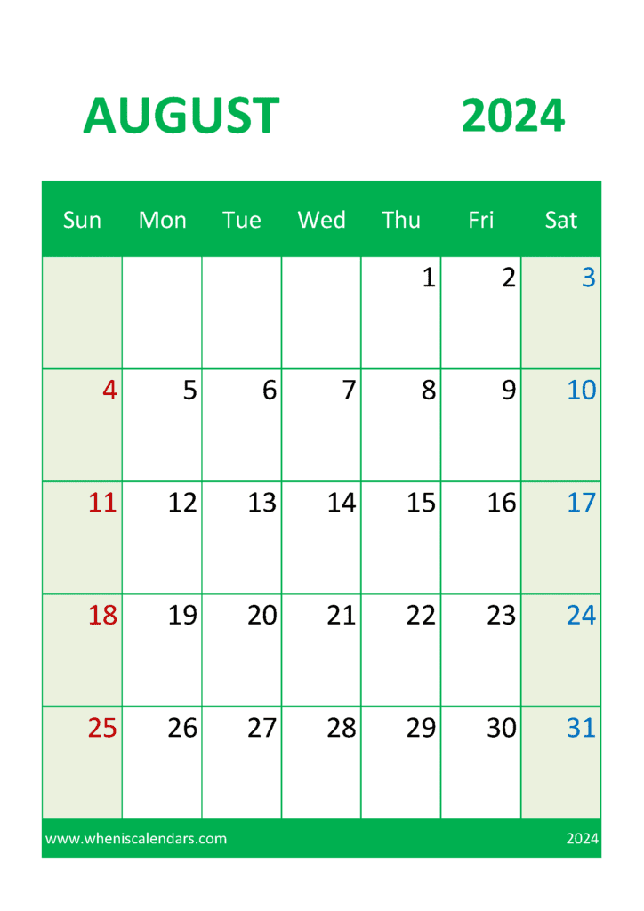 Free Printable Calendar 2024 August A84049