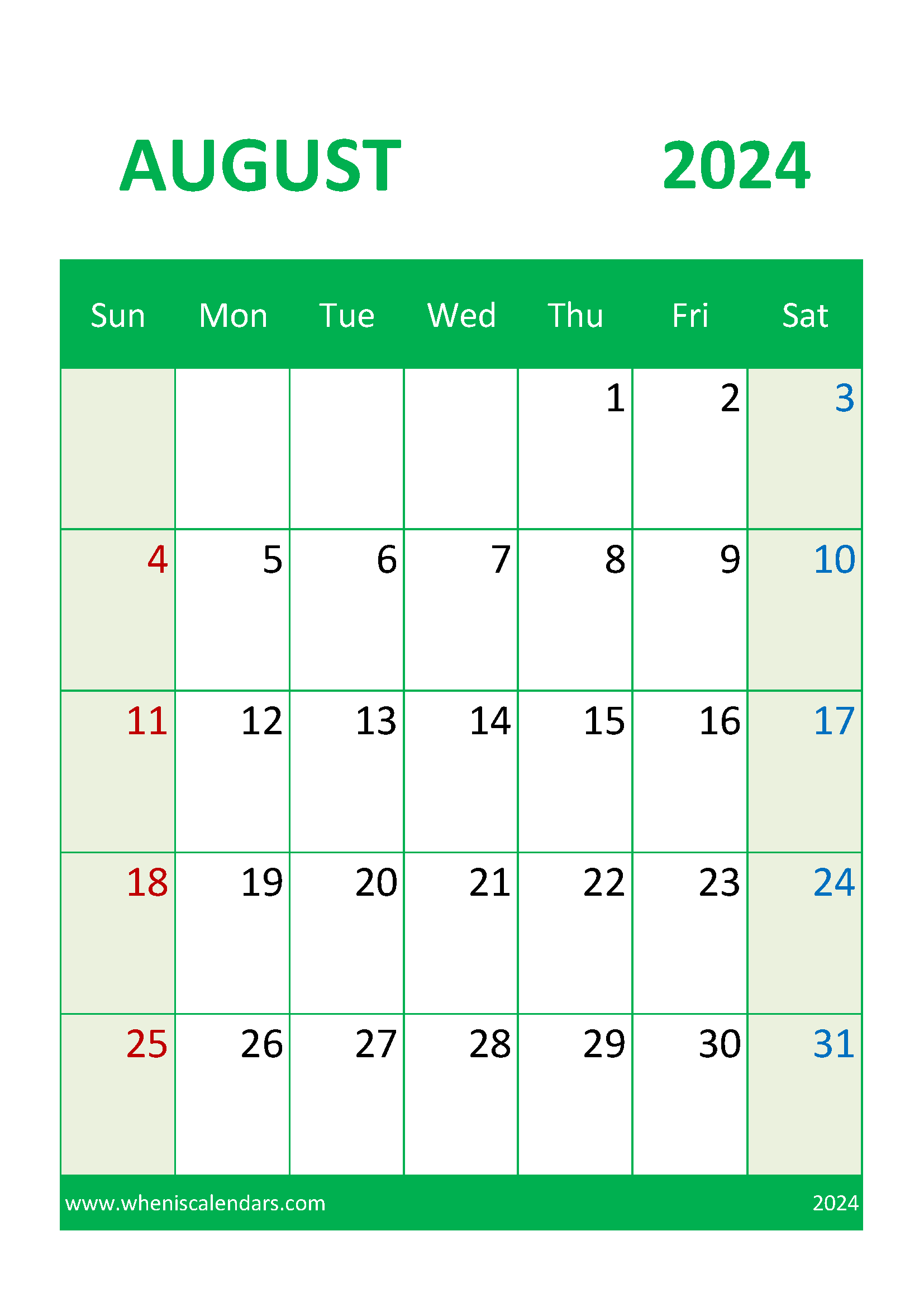 print Blank Calendar August 2024 Monthly Calendar