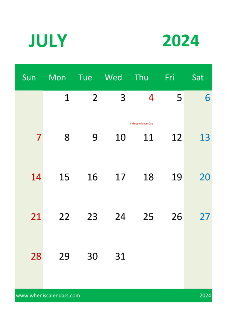 Printable monthly July Calendar 2024 J74330