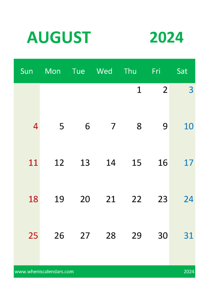 Blank August 2024 Calendar Page Monthly Calendar