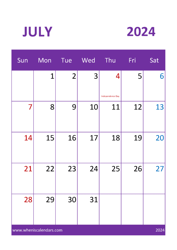 2024 July month Calendar Printable J74331