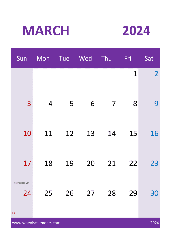 March 2024 Calendar Print Monthly Calendar