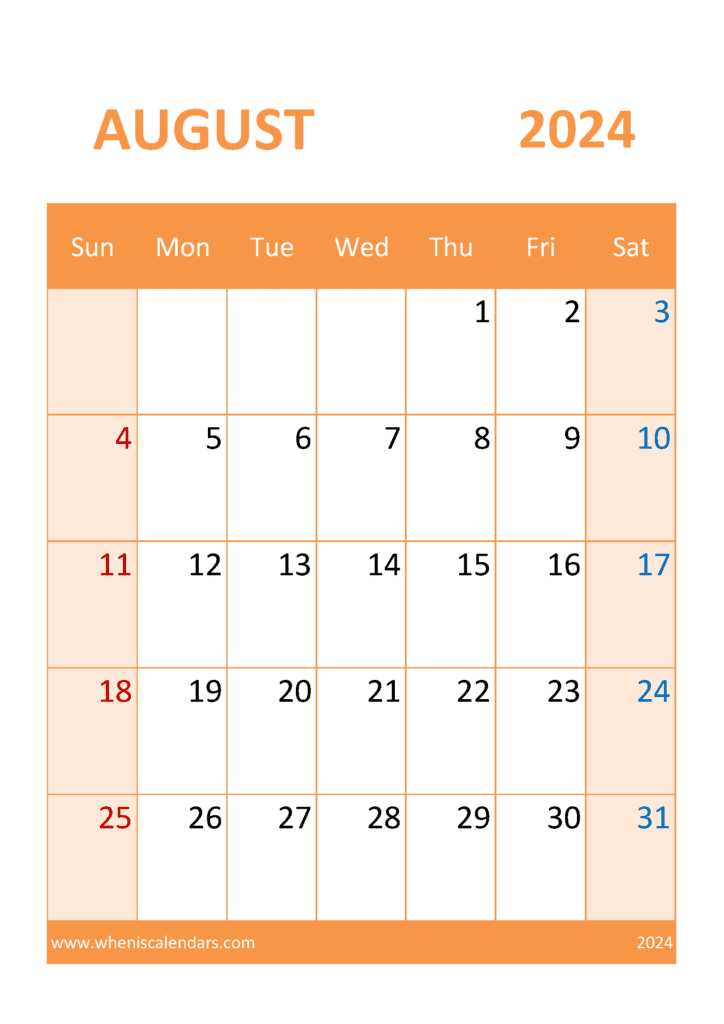Blank August 2024 Calendar Printable Monthly Calendar