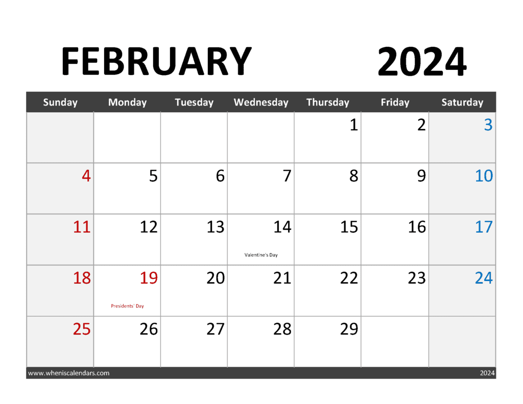 Blank Calendar for Feb 2024 F24344