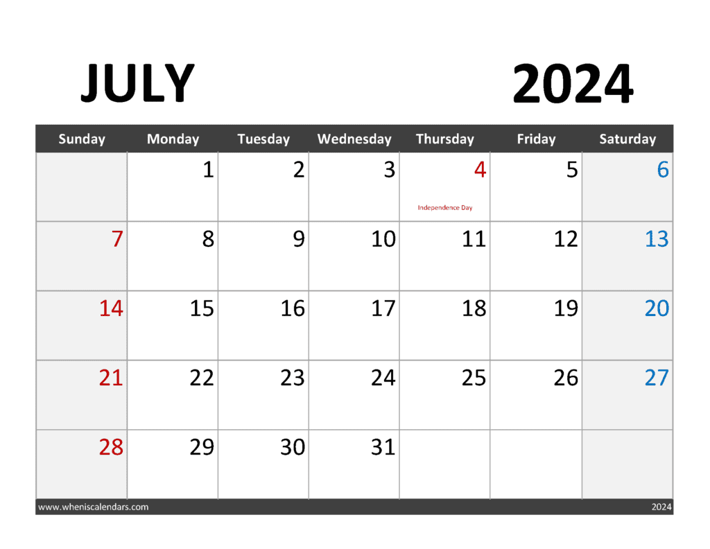 editable Calendar July 2024 J74064