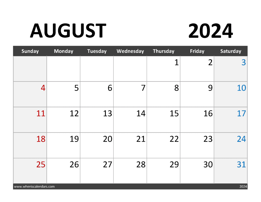Blank Calendar for Aug 2024 A84344