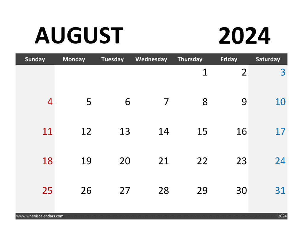 Free downloadable Calendar August 2024 A84345