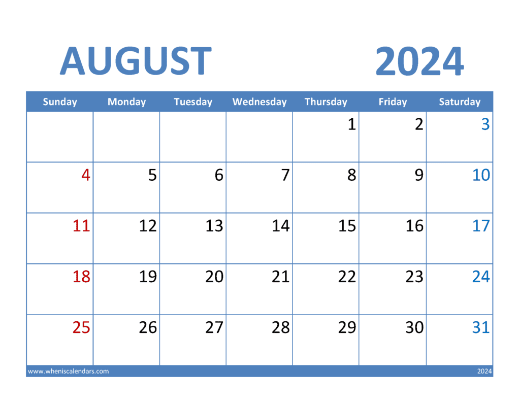 Free 2024 August Printable Calendar A84346