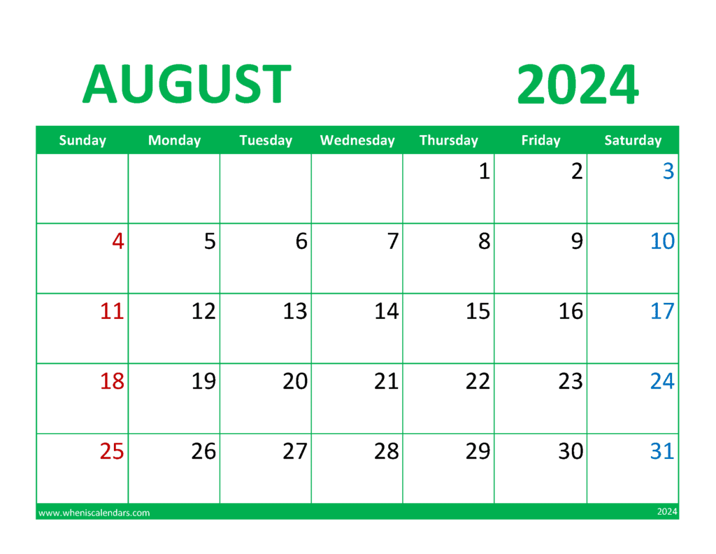 Free Printable August 2024 monthly Calendar A84356