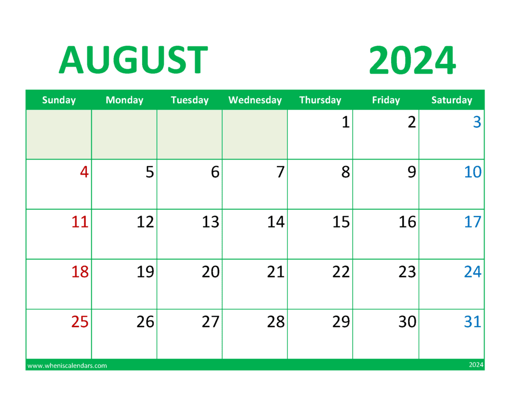 Blank August 2024 Calendar Printable Pdf Monthly Calendar