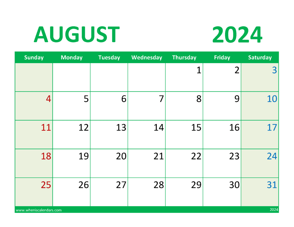 August 2024 Calendar Printable with notes A84359