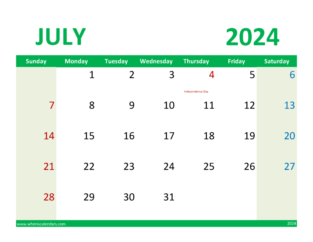 July Calendar with Holidays 2024 J74080