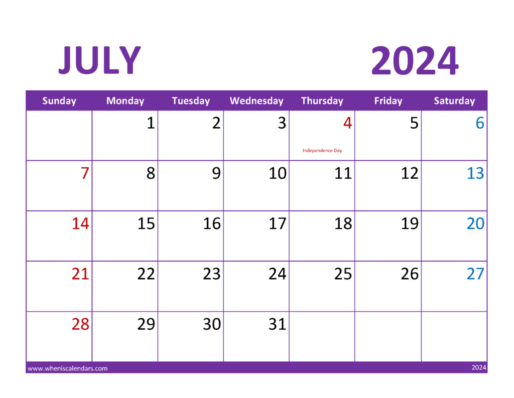 July Calendar 2024 Printable Free J74081