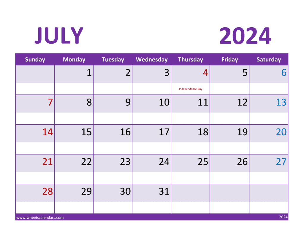 Free Printable July 2024 Monthly Calendar