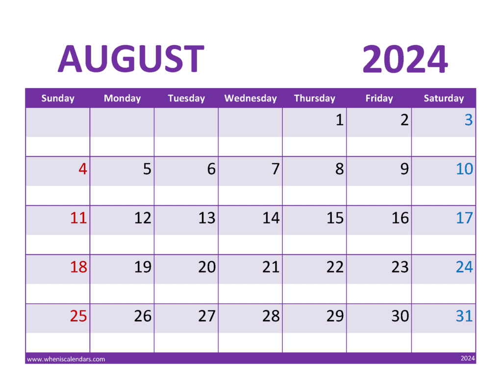 Printable Calendar Aug 2024 Free A84362