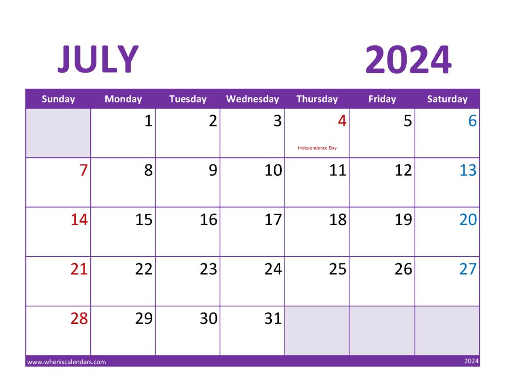 July 2024 Calendar Holidays list J74083