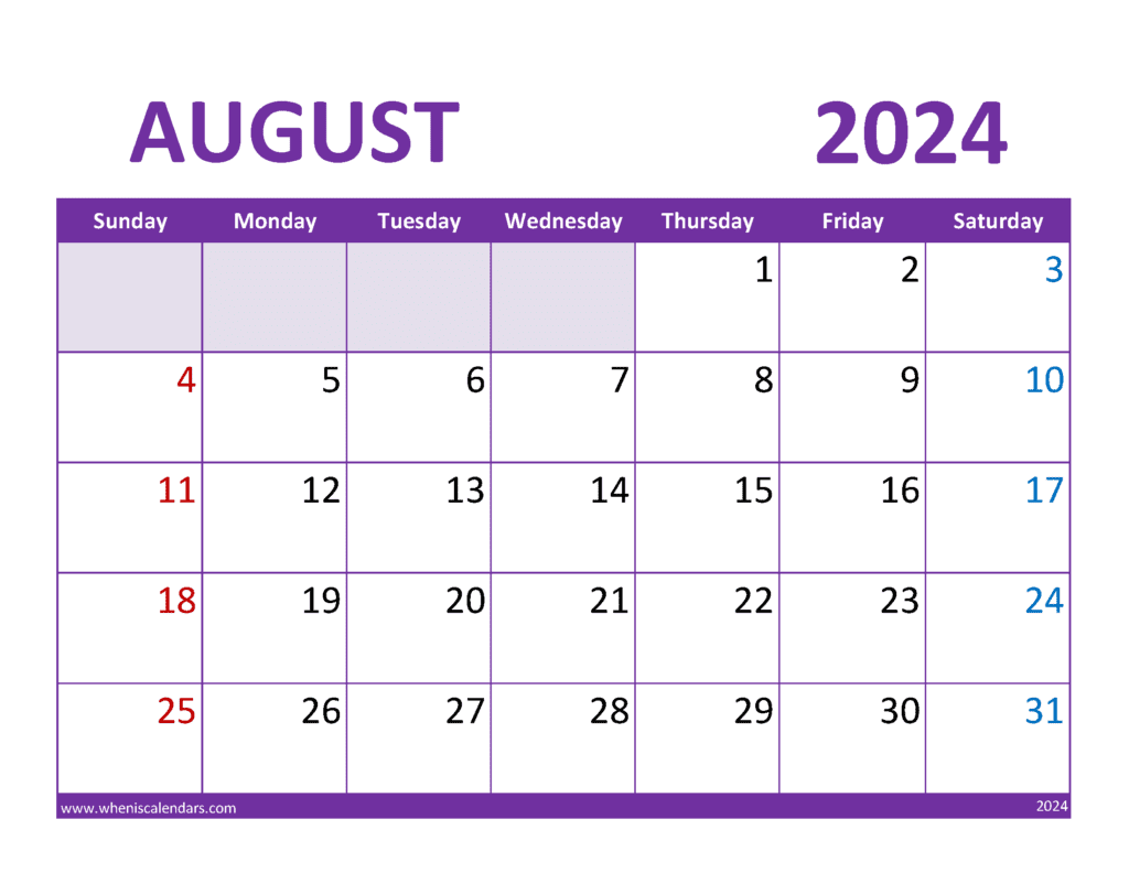 Blank August 2024 Calendar Free A84363