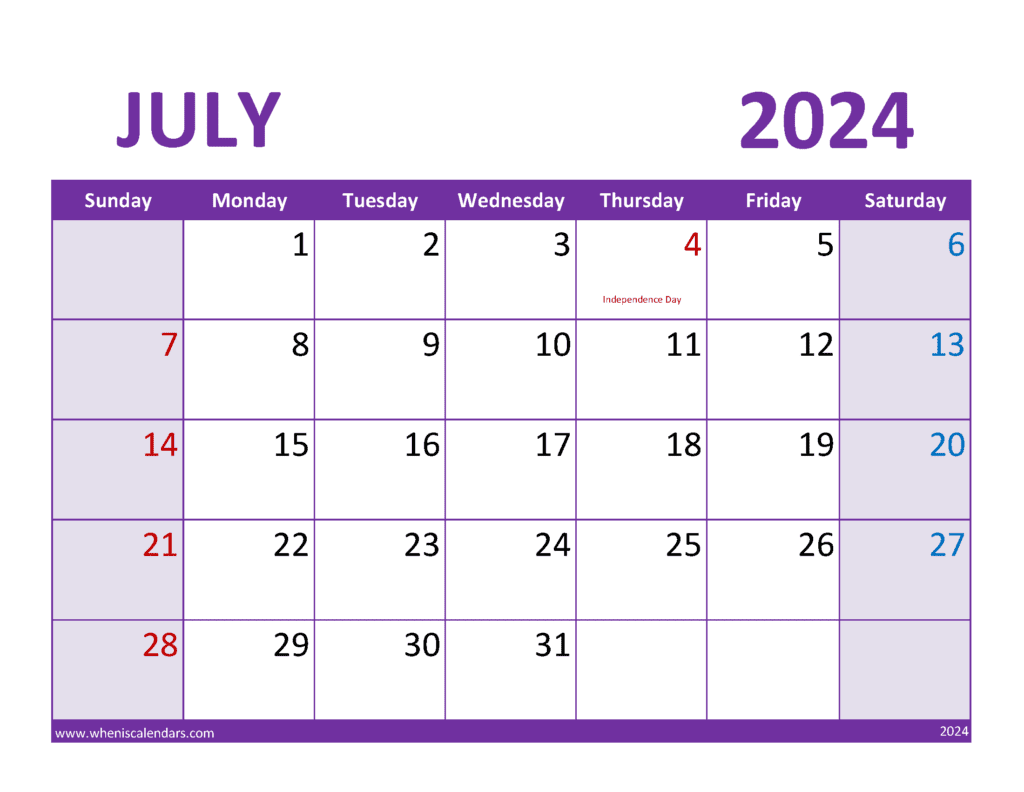 Printable July 2024 Calendar Free J74084