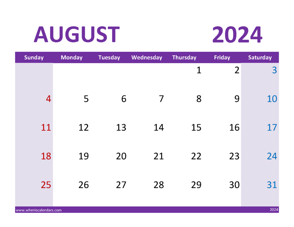 August 2024 Calendar Printable with lines A84365
