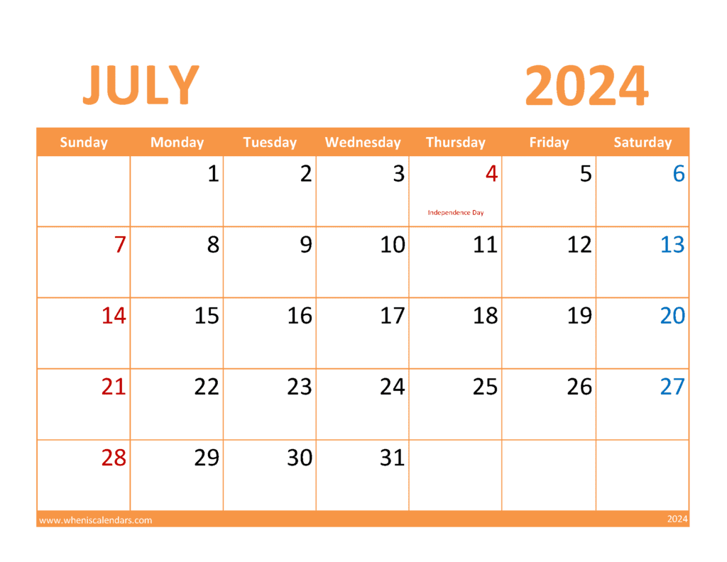 July Blank Calendar 2024 Printable J74366
