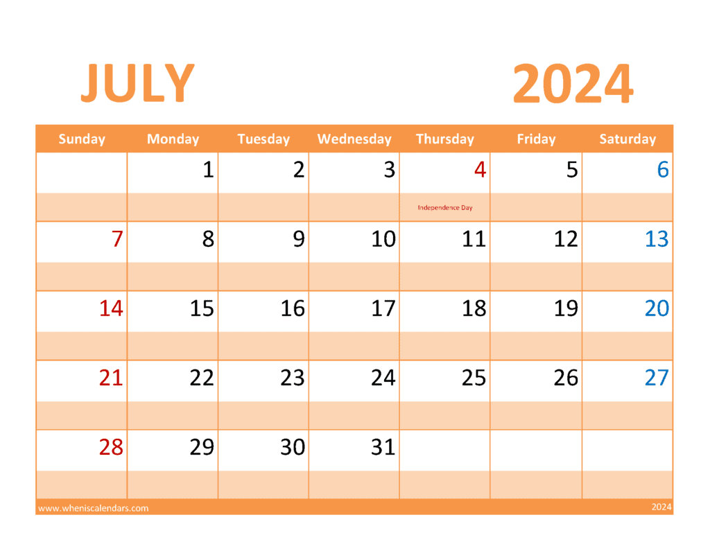 Printable Calendar page for July 2024 J74367